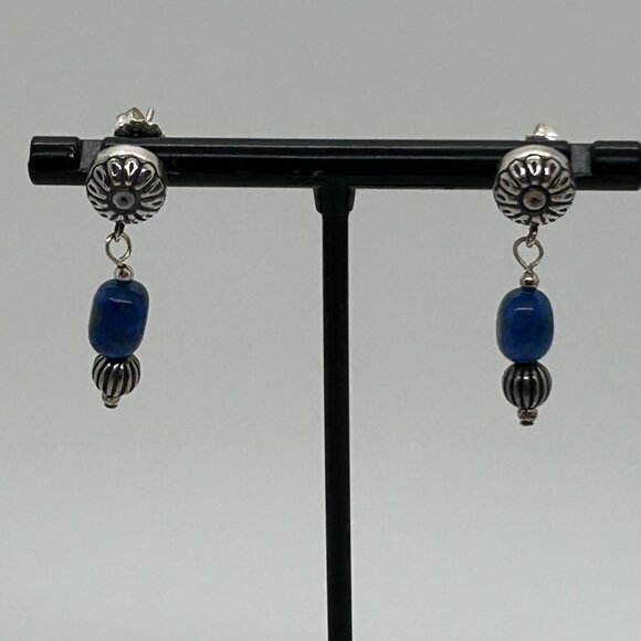 Carolyn Pollack Sterling Silver Pierced Earrings Vintage Lapis Bead Dangle Y2K - Picture 7 of 13